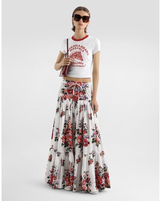Dolce & Gabbana White Flower Bouquet-Print Poplin Long Skirt