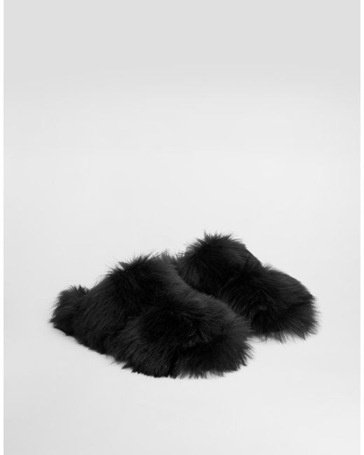 Dolce & Gabbana Black Shearling Slides