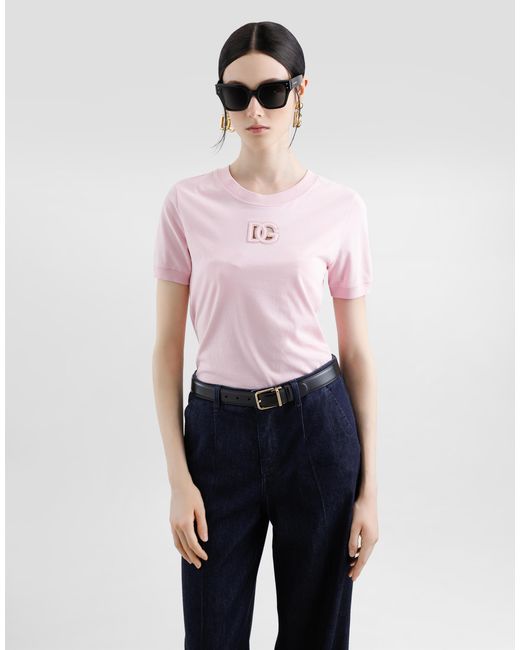 Dolce & Gabbana Pink Jersey T-Shirt With Raised Dg Logo Embroidery