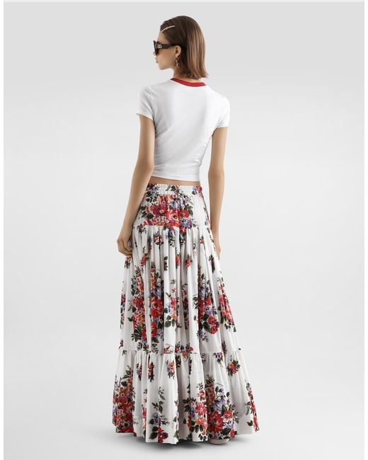Dolce & Gabbana White Flower Bouquet-Print Poplin Long Skirt