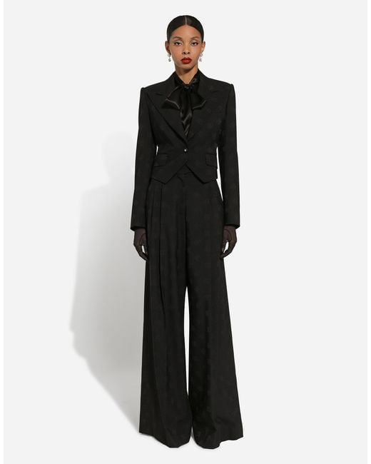 Dolce & Gabbana Black Flared Wool Jacquard Pants With Dg Logo