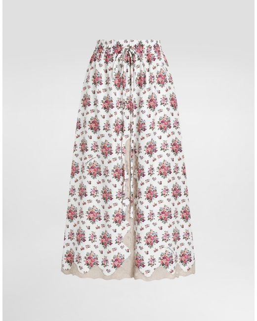 Dolce & Gabbana White Small Flower Bouquets-Print Midi Skirt