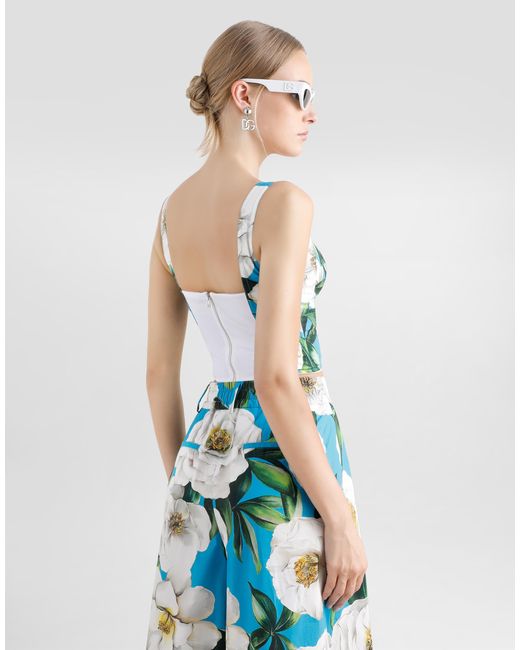 Dolce & Gabbana Blue Cotton Corset Top With Gardenia