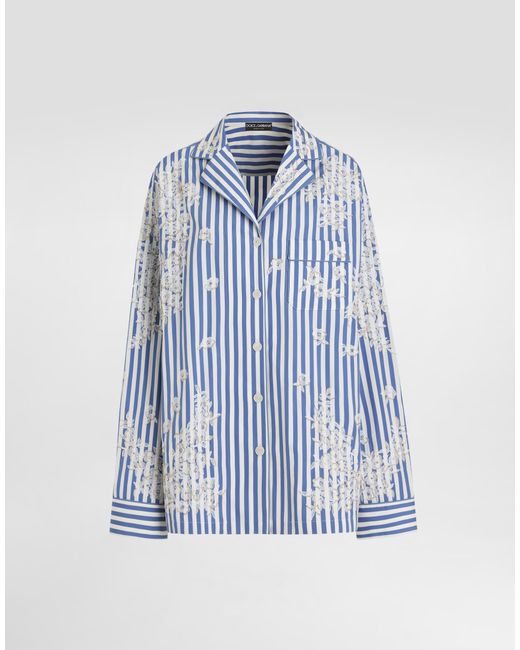 Dolce & Gabbana Blue Cotton Shirt With Flowers And Lace Embroidery