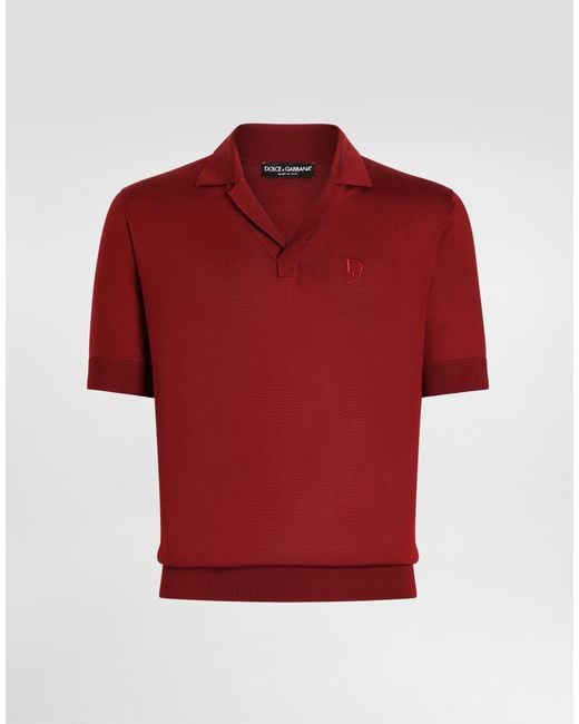 Dolce & Gabbana Red Silk Polo-Shirt With Logo Embroidery for men