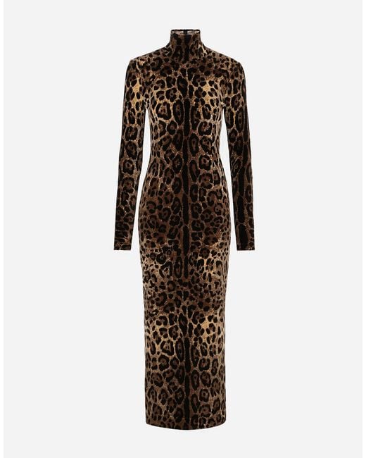 Dolce & Gabbana Multicolor Long Chenille Dress With Jacquard Leopard Design
