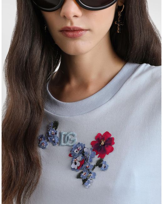 Dolce & Gabbana Blue Jersey T-Shirt With Flower Patch