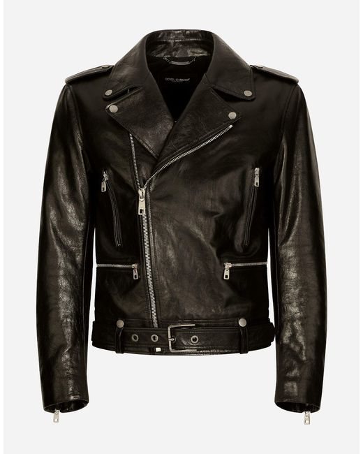 Belted Leather Biker Jacket Dolce & Gabbana de hombre de color Black