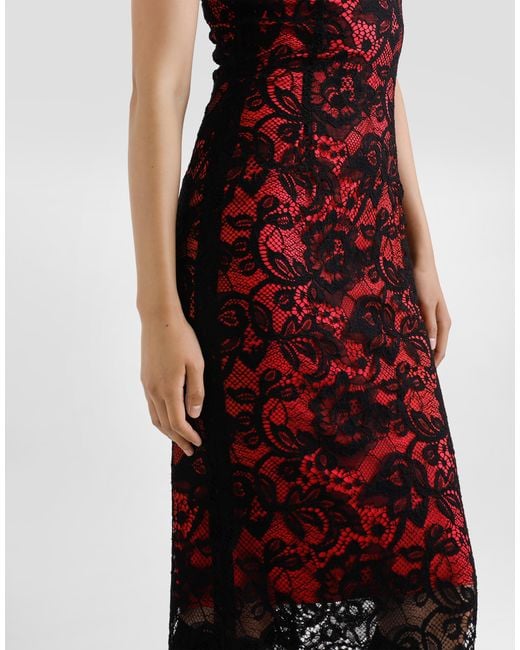 Dolce & Gabbana Red Calf-Length Floral Lace Sheath Dress With Contrasting Lining