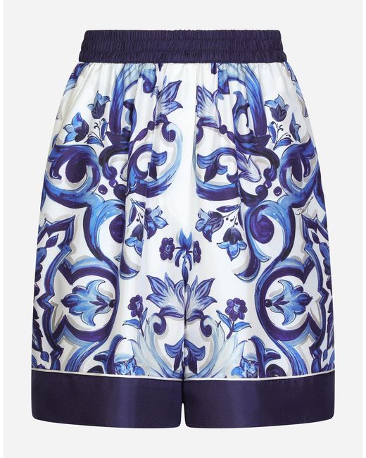 Dolce & Gabbana Blue Pyjamashorts Aus Twill Majolika-Print