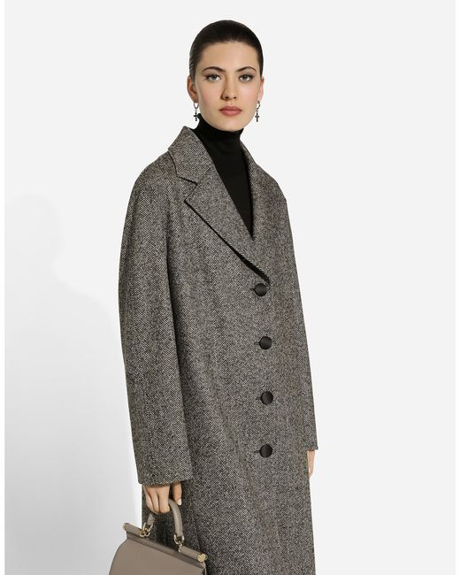 Dolce & Gabbana Gray Single-Breasted Wool Herringbone Coat