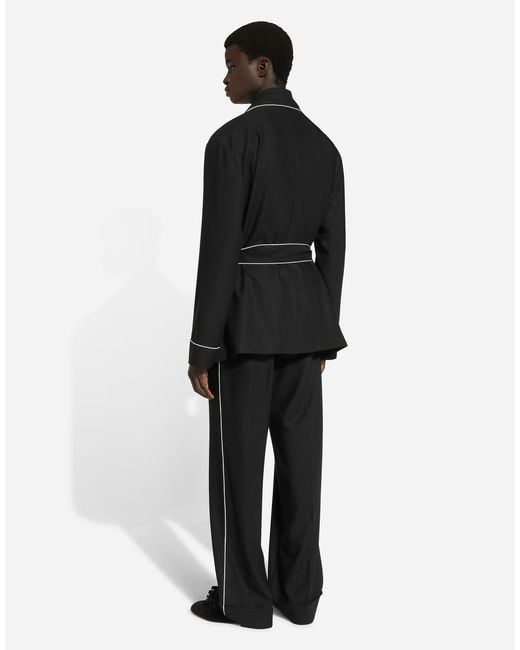 Dolce & Gabbana Black Wool Piped Robe Coat for men