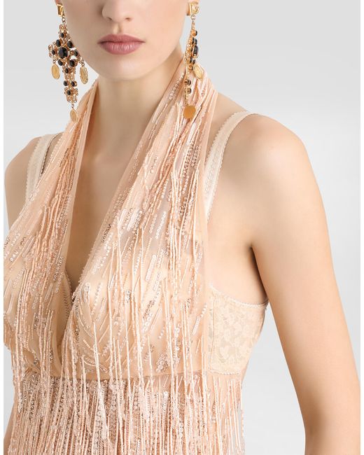 Dolce & Gabbana Natural Calf-Length Dress With Sequined Fringe Embellishment