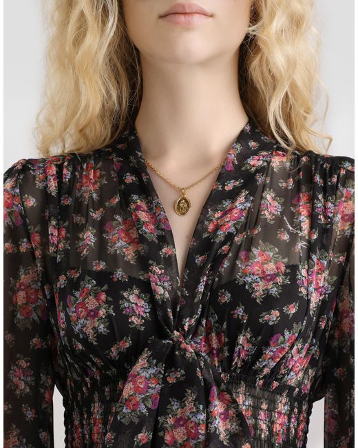 Dolce & Gabbana White Small Flower Bouquets-Print Chiffon Dress