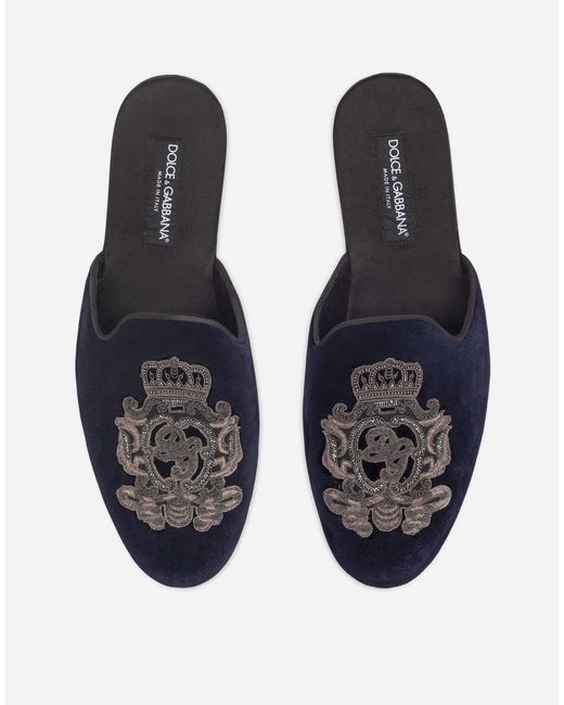 Dolce & Gabbana Blue Embroidered Velvet Slippers for men