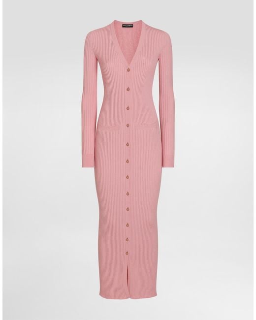 Dolce & Gabbana Pink Long Ribbed Wool Cardigan