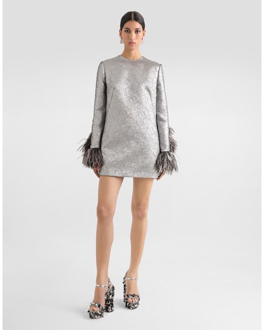 Dolce & Gabbana Gray Quilted Lamé Jacquard Sack Minidress With Feathered Cuffs