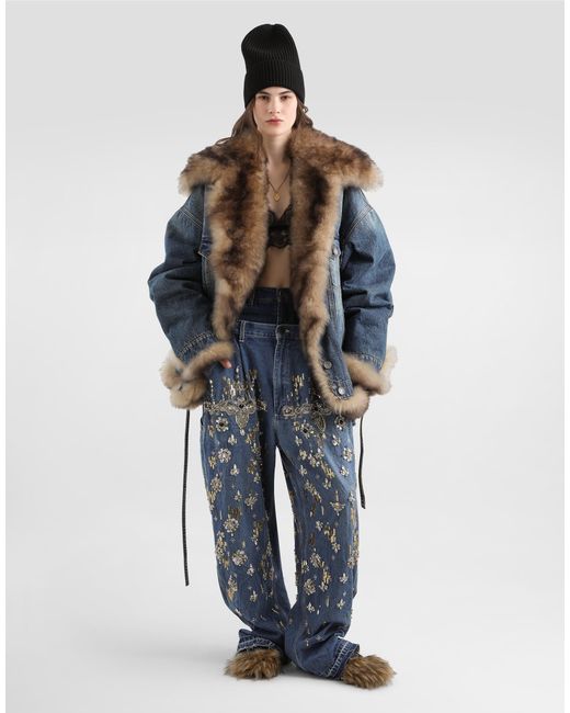 Dolce & Gabbana Blue Denim Jacket With Fur