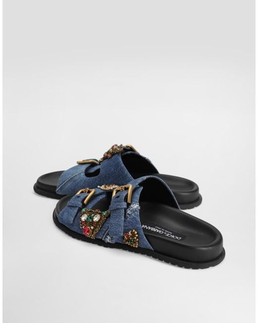 Dolce & Gabbana Blue Flat Denim Slippers With Embroidery