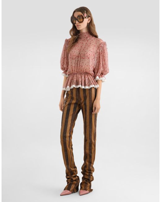 Dolce & Gabbana Natural Nappa Leather Trousers With Striped Print