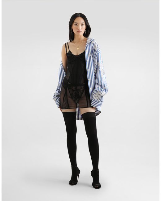Dolce & Gabbana Blue Cotton Shirt With Flowers And Lace Embroidery