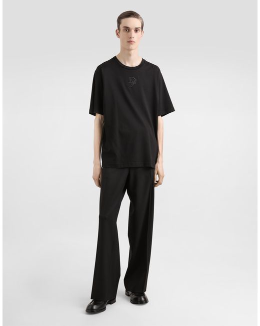 Dolce & Gabbana Black Cotton T-Shirt With Logo Embroidery for men