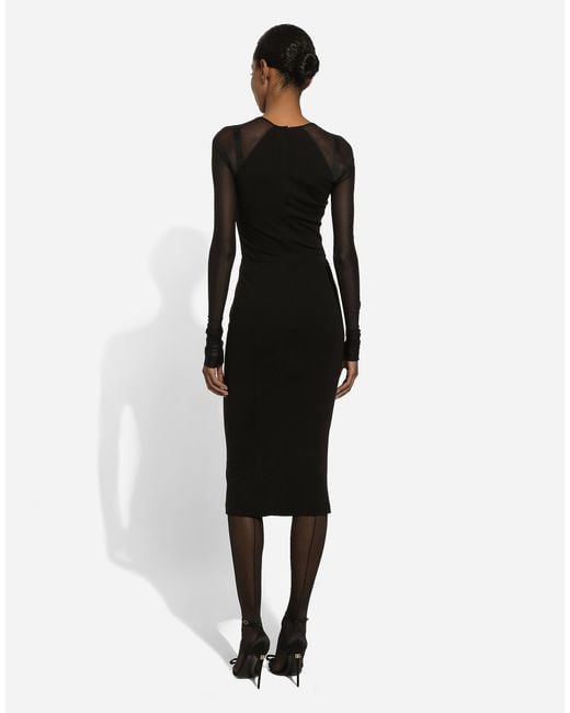 Dolce & Gabbana Black Jersey Calf-Length Dress With Tulle Sleeves