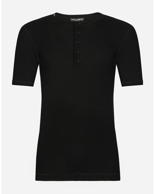Dolce & Gabbana Black Fine-Rib Cotton Granddad-Neck T-Shirt for men