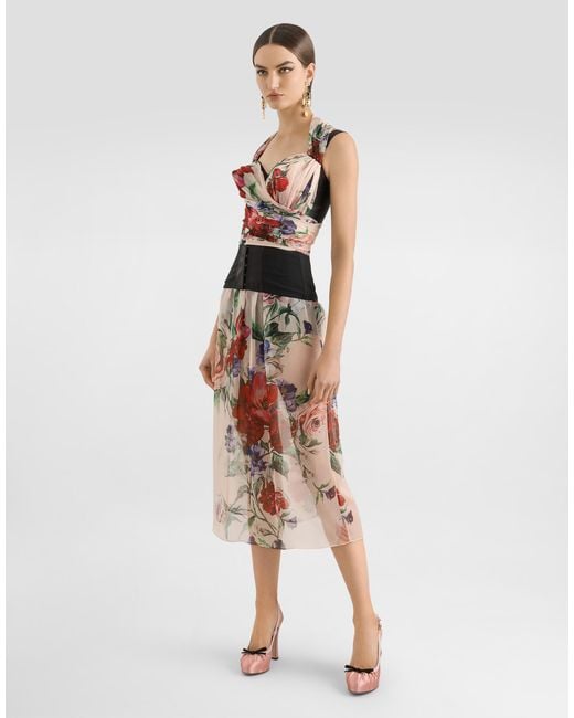 Dolce & Gabbana Red Marquisette And Chiffon Corset Top With Floral