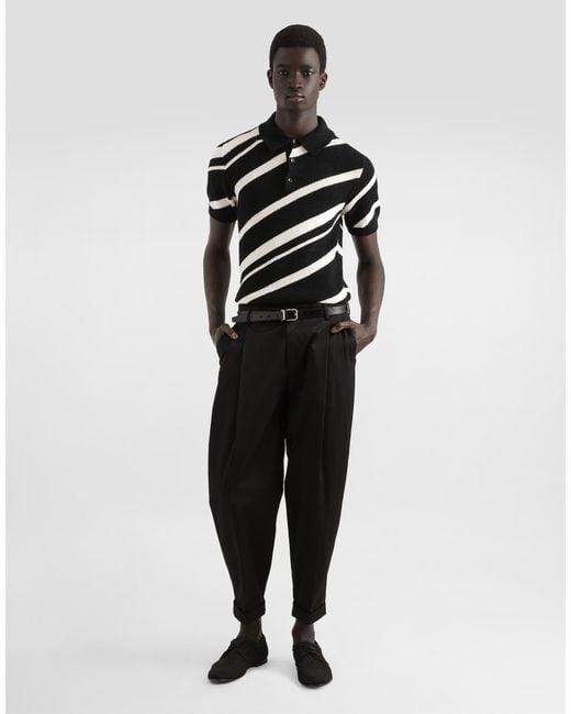 Jersey Polo De Algodón De Manga Corta Con Intarsia A Rayas Dolce & Gabbana de hombre de color Black
