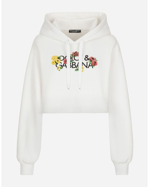Dolce & Gabbana White Cotton Cropped Logo Hoodie