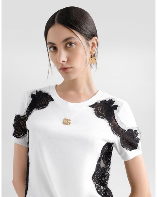 Dolce & Gabbana Black Jersey T-Shirt With Dg Logo And Lace Details