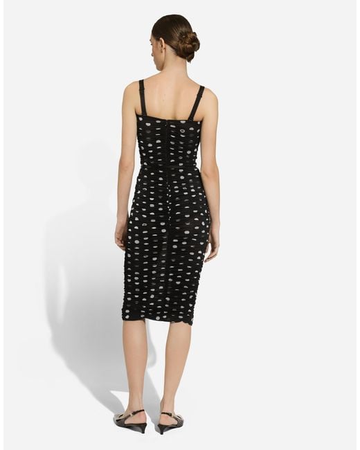 Dolce & Gabbana Black Tulle Calf-Length Sheath Dress With Draping And Polka-Dot