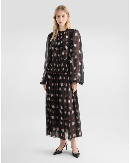 Dolce & Gabbana Black Small Floral-Print Long Chiffon Dress