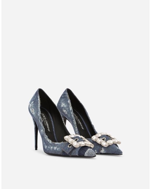 Dolce & Gabbana White Patchwork Denim Pumps With Rhinestone Buckle
