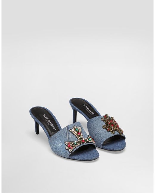 Dolce & Gabbana Denim Sandals With Patches And Embroidery Blue