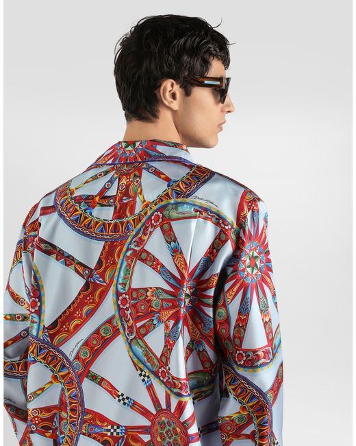 Dolce & Gabbana Red Carretto-Print Silk Twill Shirt for men