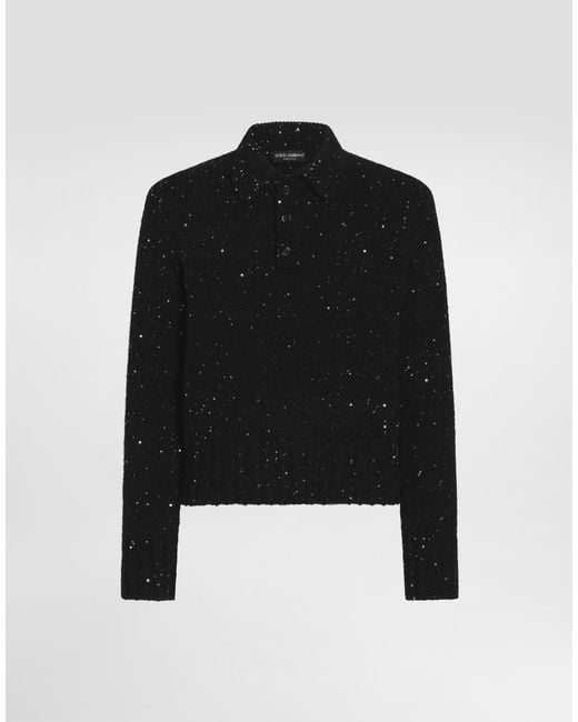 Dolce & Gabbana Black Knit Polo Shirt With Sequins for men