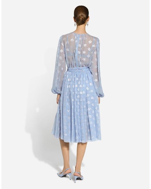 Dolce & Gabbana Blue Longuette-Kleid Aus Ausbrenner-Seidenjacquard Dg-Logo