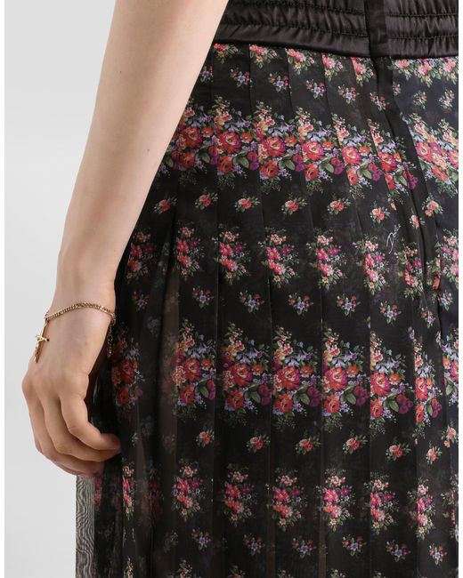 Dolce & Gabbana Black Small Flower Bouquets-Print Pleated Chiffon Skirt