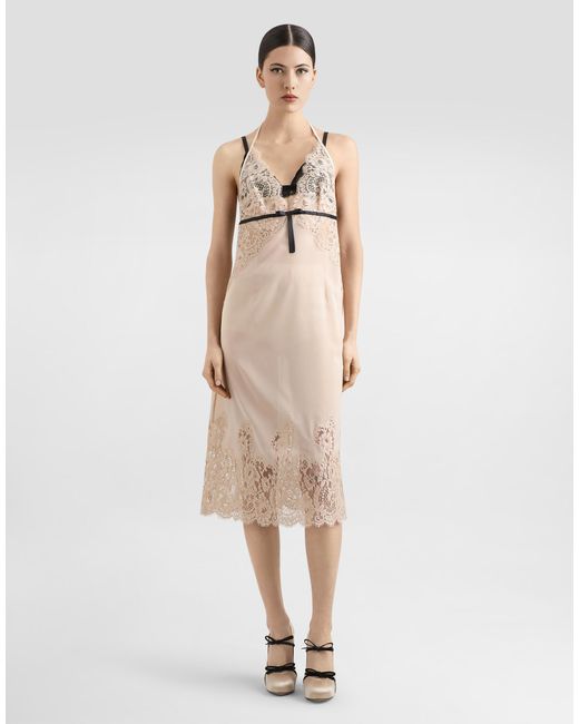 Dolce & Gabbana Natural Georgette Slip Dress With Lace Details