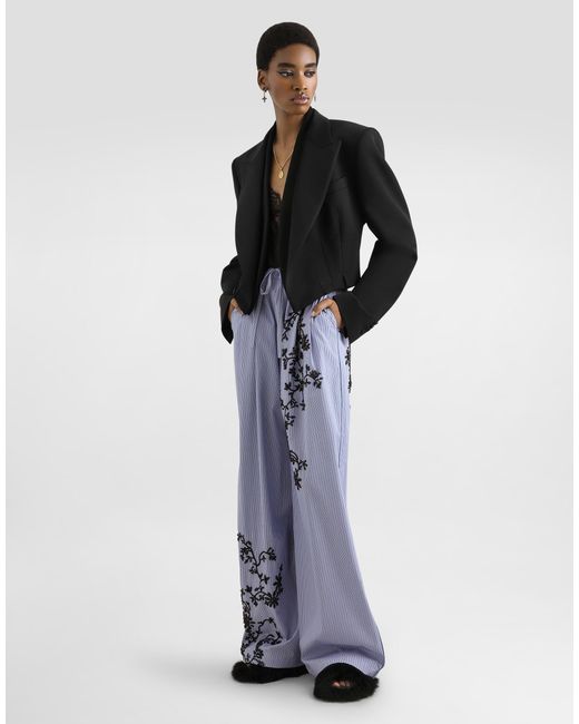 Dolce & Gabbana Blue Striped Poplin Trousers With Flowers Embroidery