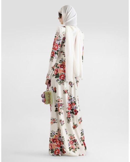 Dolce & Gabbana White Flower Bouquet-Print Charmeuse Dress