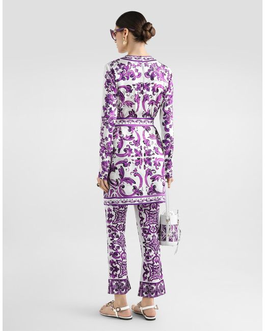 Dolce & Gabbana Majolica Print Silk Trousers Purple