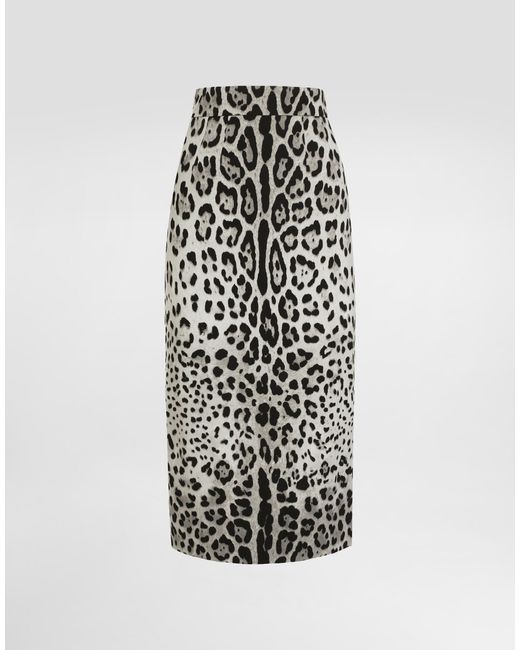 Dolce & Gabbana White Charmeuse Calf-Length Pencil Skirt With Leopard