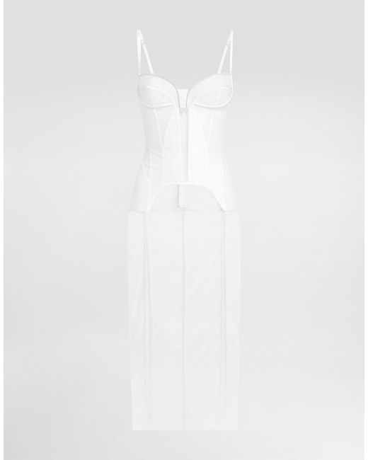Dolce & Gabbana White Tulle Calf-Length Dress With Corset Details
