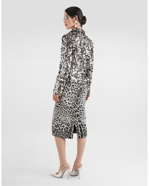 Dolce & Gabbana White Charmeuse Calf-Length Pencil Skirt With Leopard