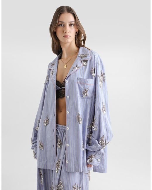 Dolce & Gabbana Blue Cotton Shirt With Crystal Flower Embroidery