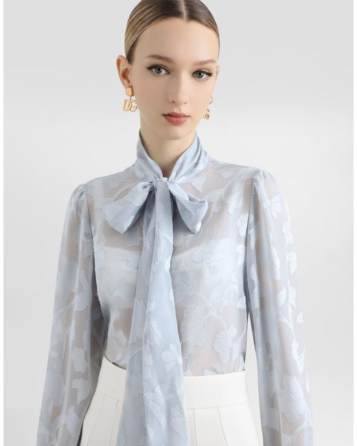 Dolce & Gabbana Blue Floral Fil Coupé Jacquard Chiffon Shirt