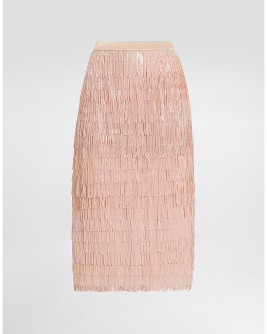 Dolce & Gabbana Pink Sequined Midi Skirt With Fringed Embellishment